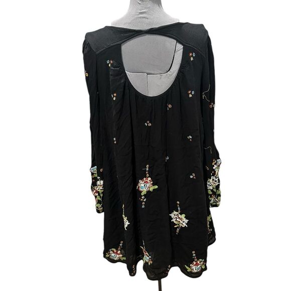 Free People Oxford Embroidered Floral Black Mini Swing Dress Oversized Sz Large - Picture 3 of 8